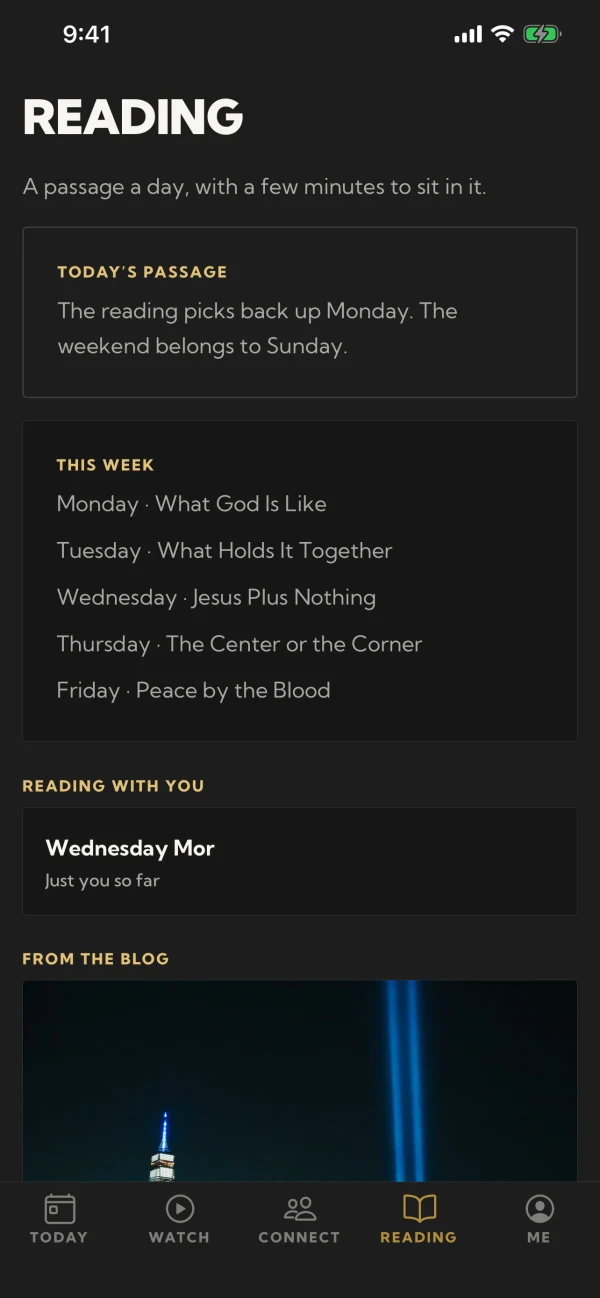 The Reading tab: a passage a day, with the week's five readings listed.